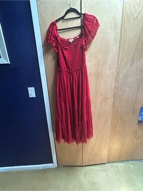 Max Studio Red Smocked Dress with Ruffle Neckline